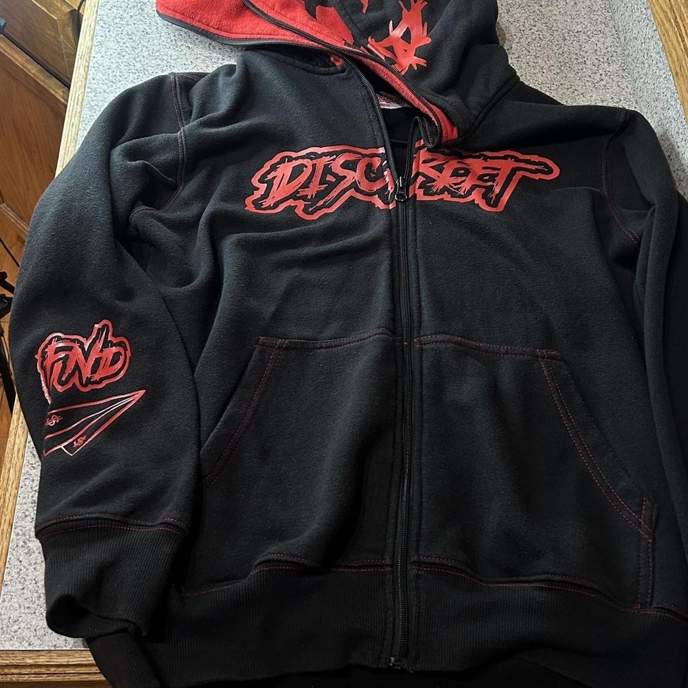 DISCREET Hoodie Mens Black Red Full Zip Graphic Hooded Streetwear Edgy